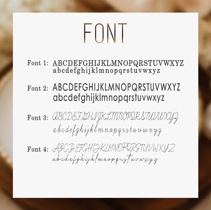 Image showing four different font styles for customizable engravings: Font 1 (bold serif), Font 2 (modern sans-serif), Font 3 (cursive script), and Font 4 (elegant script)."