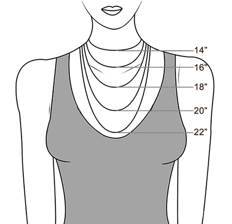 Illustration showing necklace lengths on a woman's torso, labeled with measurements: 14 inches, 16 inches, 18 inches, 20 inches, and 22 inches for reference.