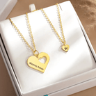 Layered gold mother-daughter heart necklace set with customizable engravings 'Mama bear' and 'W', displayed in a white jewelry box, symbolizing their special bond.