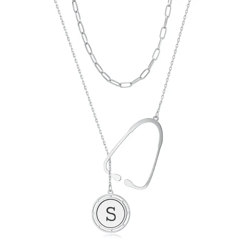 Layered Stethoscope Necklace with Custom Initial Charm Gift for