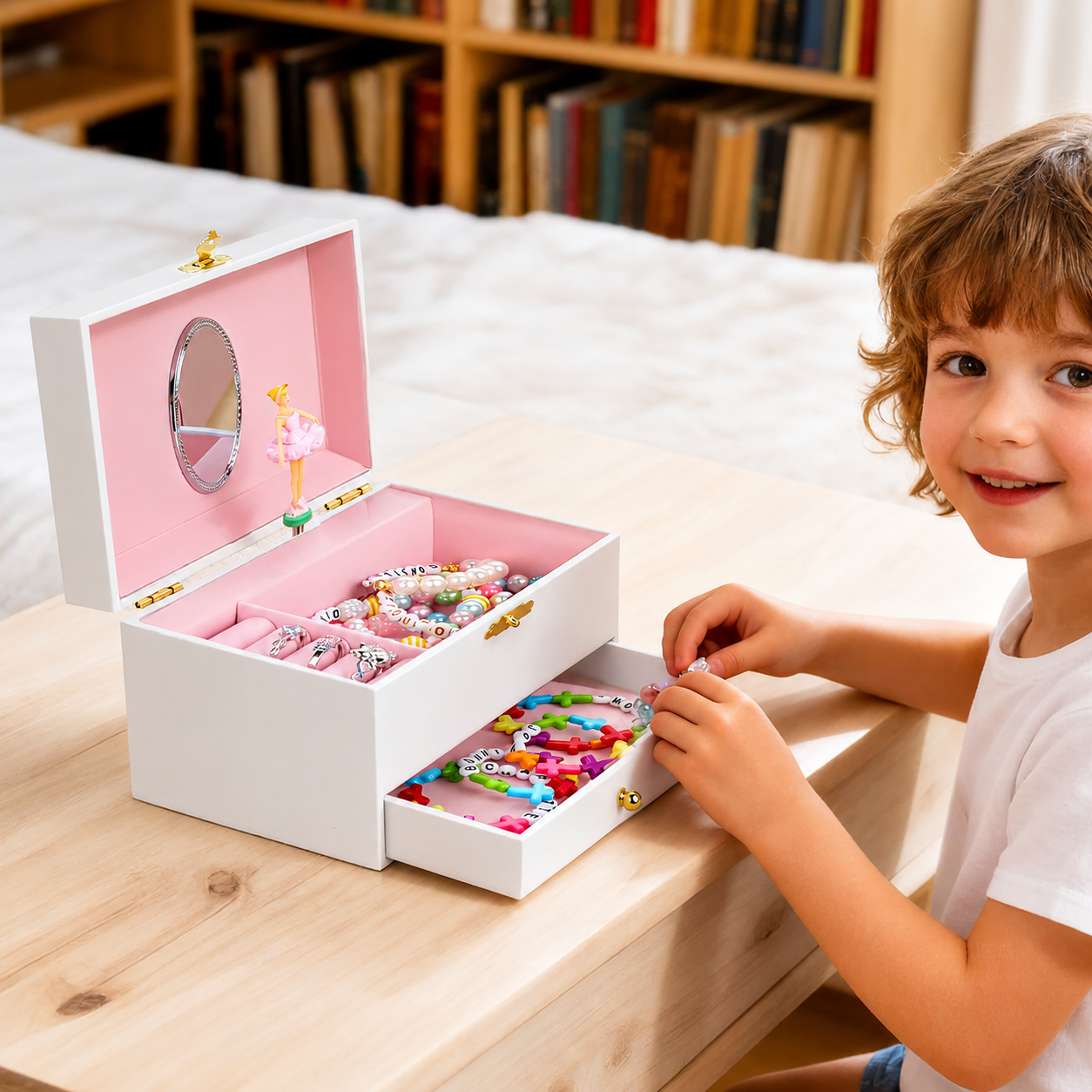 Girl using personalized two-layer musical ballerina jewelry box with beads and bracelets