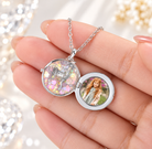 Personalized unicorn photo locket opened to reveal custom picture inside