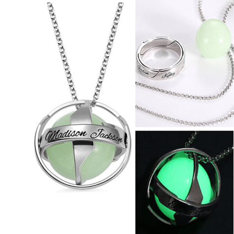 Personalized Sterling Silver Luminous Stone Pendant Necklace and Ring, glowing in the dark, engraved with Madison Jackson, perfect Mother's Day gift