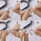 Step-by-step instructions for attaching a ring to a silver ring holder necklace with a stethoscope design, perfect for medical professionals.