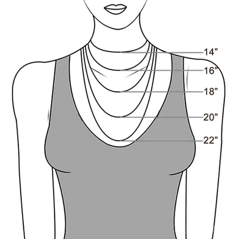 Illustration showing necklace lengths from 14 to 22 inches on a woman's chest, providing a visual guide for choosing the perfect necklace size.