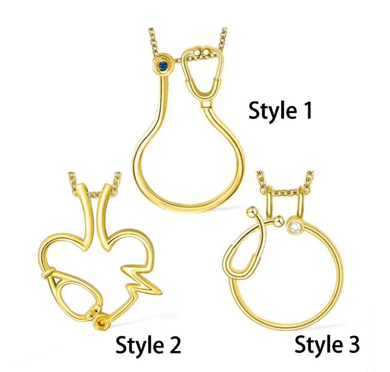 Gold ring holder necklaces with stethoscope, heart, and EKG designs. Each pendant features a customizable birthstone, perfect for medical professionals. Styles 1, 2, and 3.