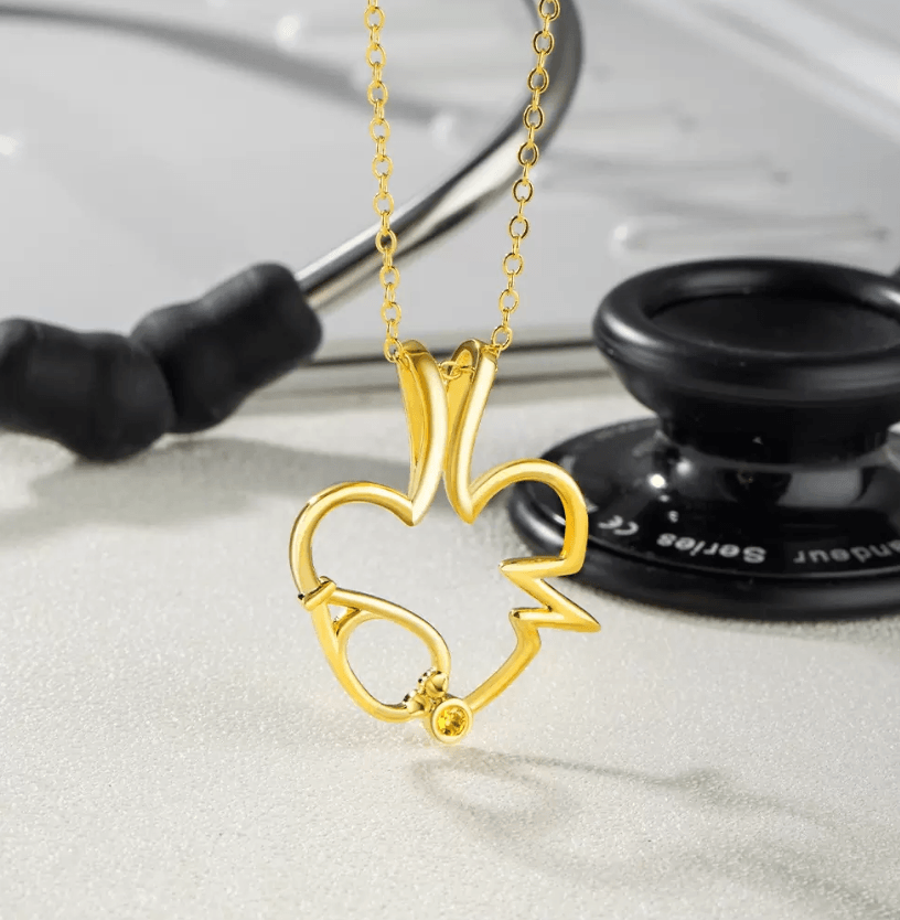 Medical Elements Ring Holder Necklace - Personalized Stethoscope, Heart, and EKG Design with Custom Birthstone - Perfect Gift for Doctors and Nurses - Belbren