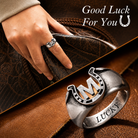 Woman wearing a custom M initial horseshoe ring with personalized LUCKY engraving
Personalized M