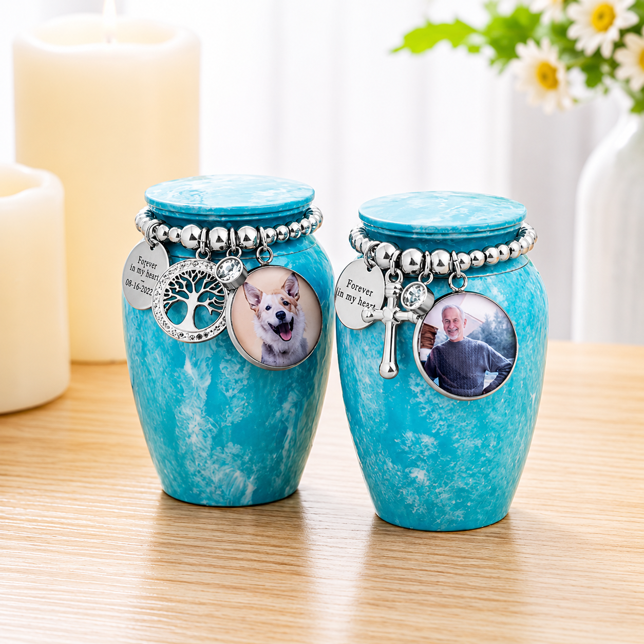 Personalised mini cremation urns with custom photo charms for human and pet ashes, stainless steel memorial keepsakes.
