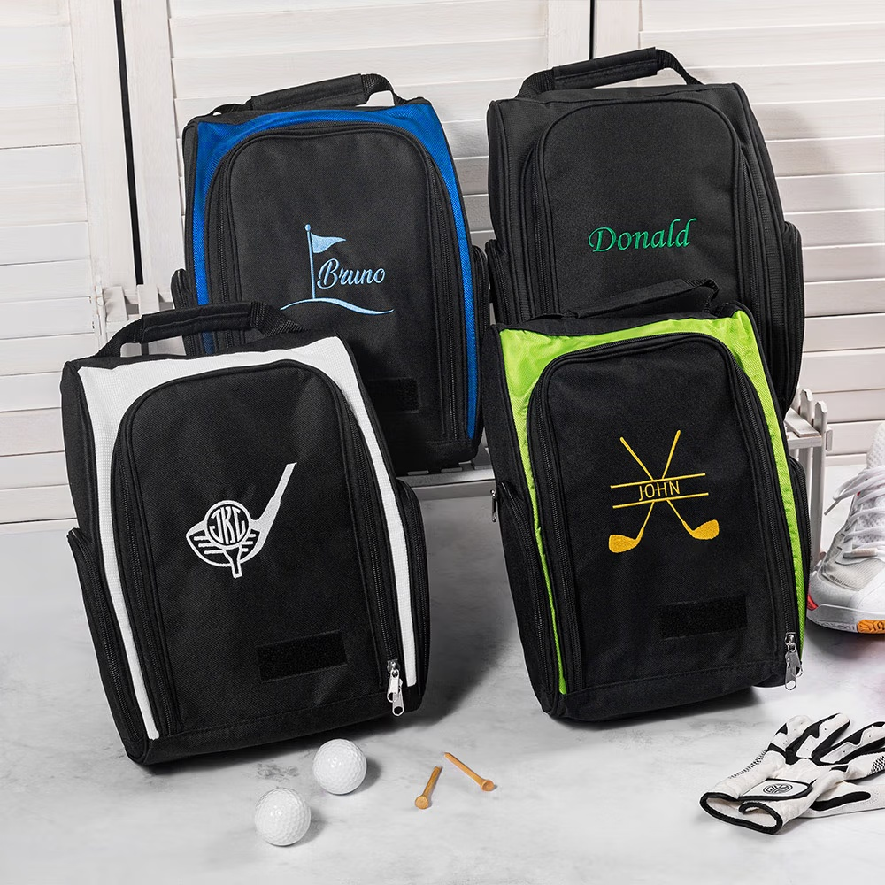 Personalized golf shoe bags in multiple colors with custom embroidered golf designs