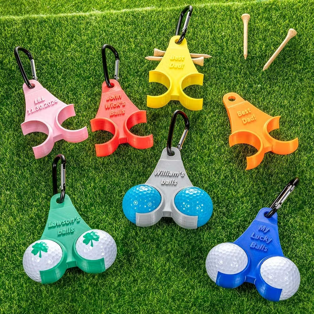 Personalized golf ball and tee holders in multiple colors with clips and golf accessories