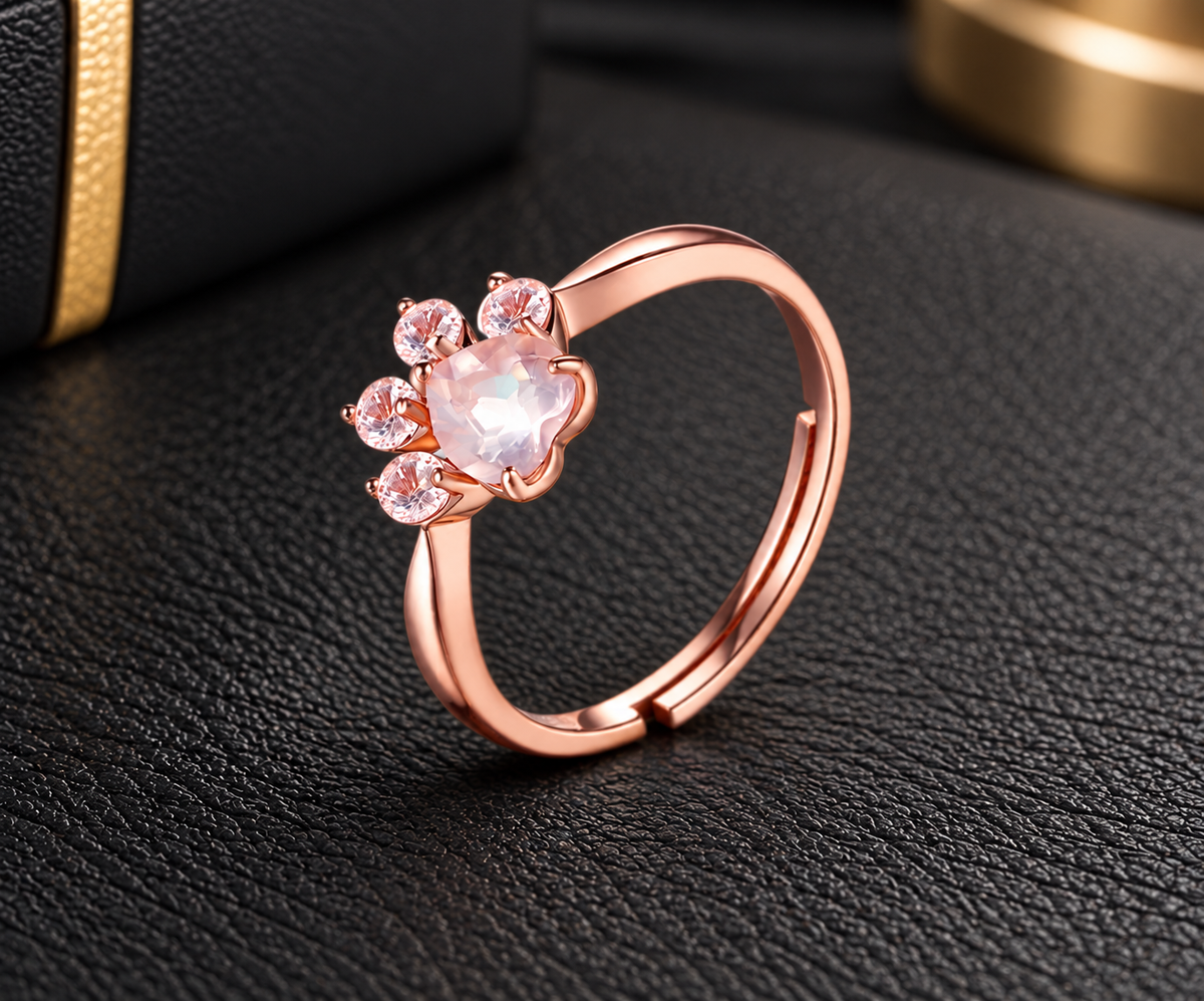 Natural Crystal Pink Cat Paw Ring in rose gold tone, featuring a delicate pink crystal paw print design and adjustable band on black leather.