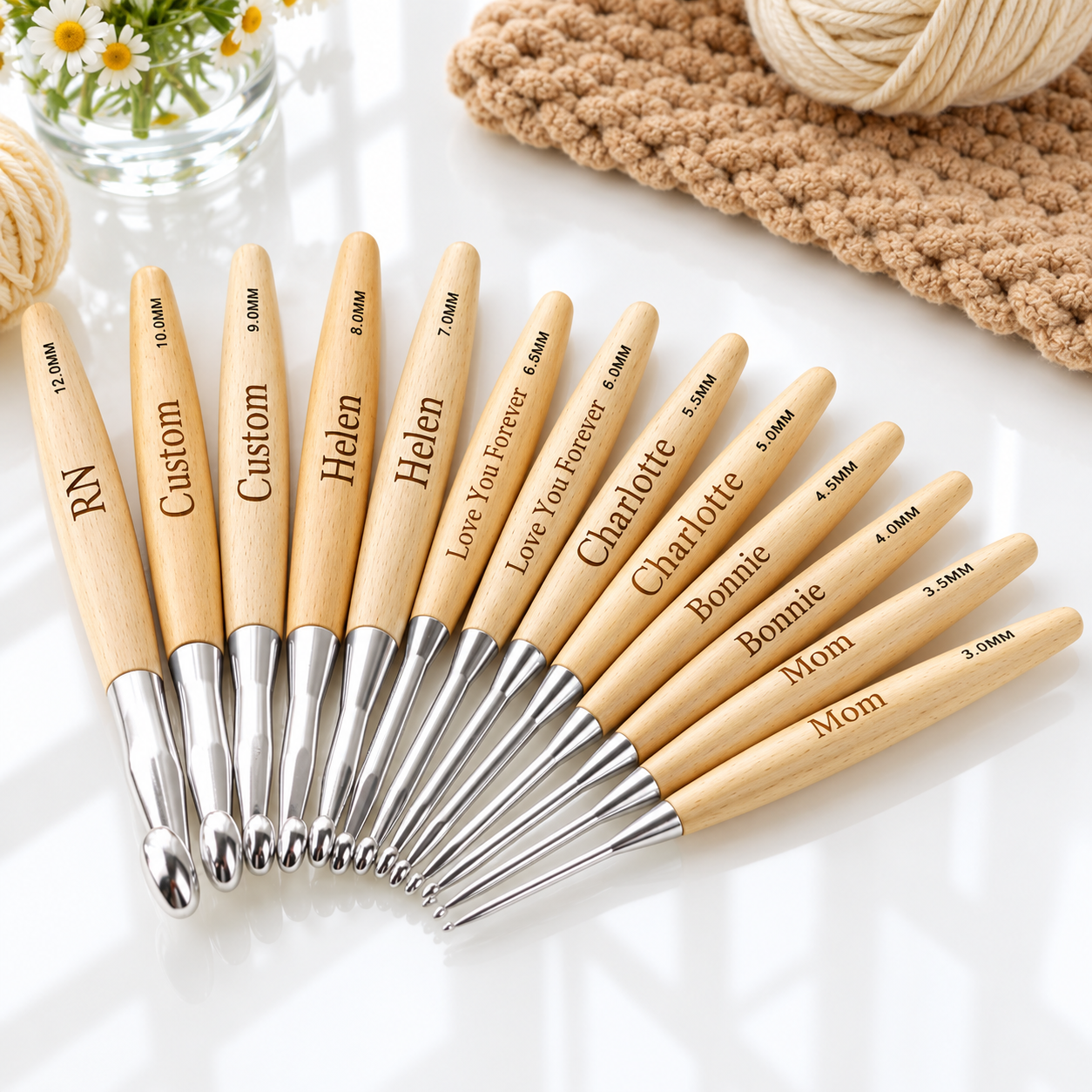 Engraved wooden crochet hooks in multiple sizes