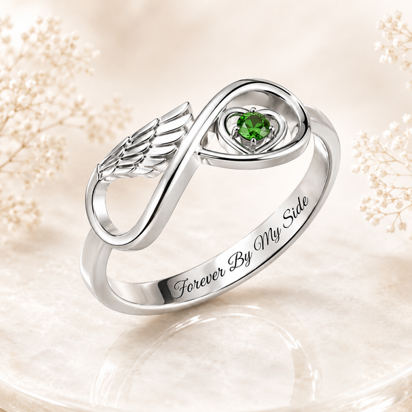 Angel Wing Infinity Birthstone Ring – Personalized Memorial Jewelry for New Moms