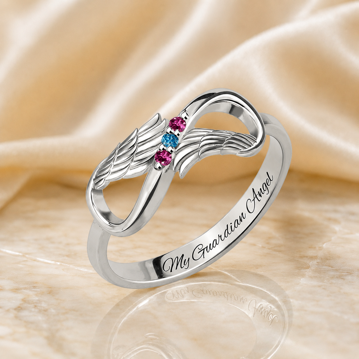 Engraved angel wings infinity ring with birthstones in silver
