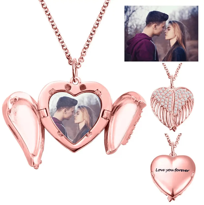 Personalized Angel Wings Heart Locket Necklace – Custom Engraved Photo Pendant in Sterling Silver, Gold, or Rose Gold - Belbren