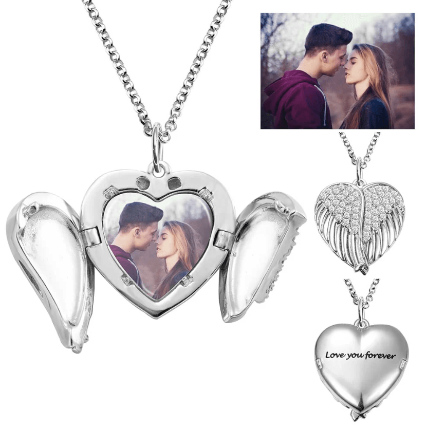 Silver angel wing heart locket with couple's photo and "Love you forever" inscription.