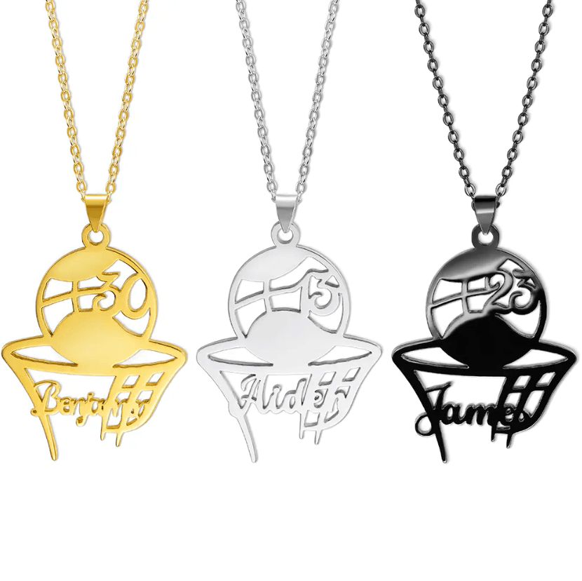 Personalized Basketball Pendant Necklace - Customizable with Name and Jersey Number, Available in Sterling Silver, Stainless Steel, or Brass - Belbren