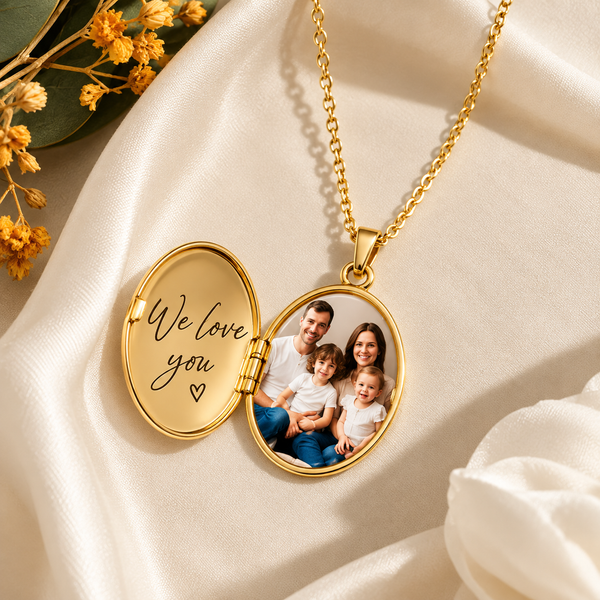 Personalized birth flower photo locket necklace in gold with family picture