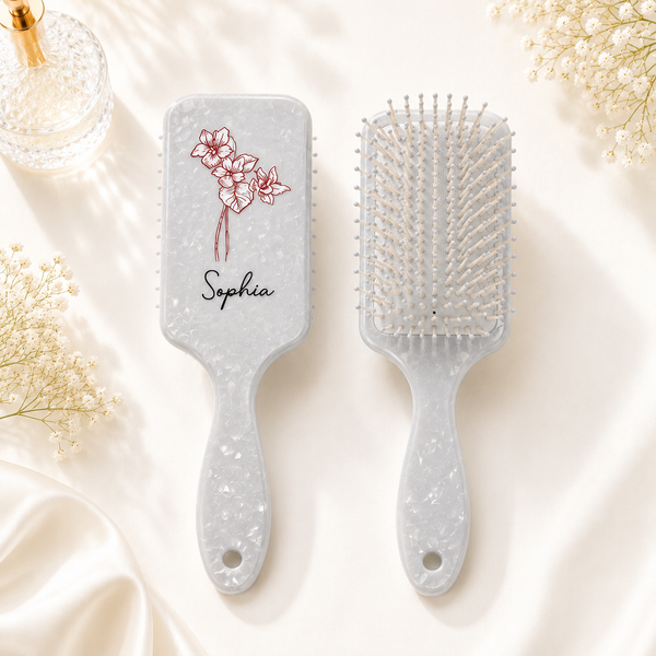 Personalized Name Birth Flower Hair Brush | Custom Floral Paddle Detangling Brush