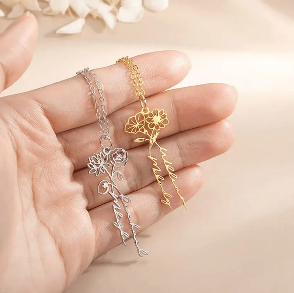 Personalized Birth Flower Necklace with Custom Names - Perfect Gift for Couples, Best Friends, Mother & Daughter - Belbren