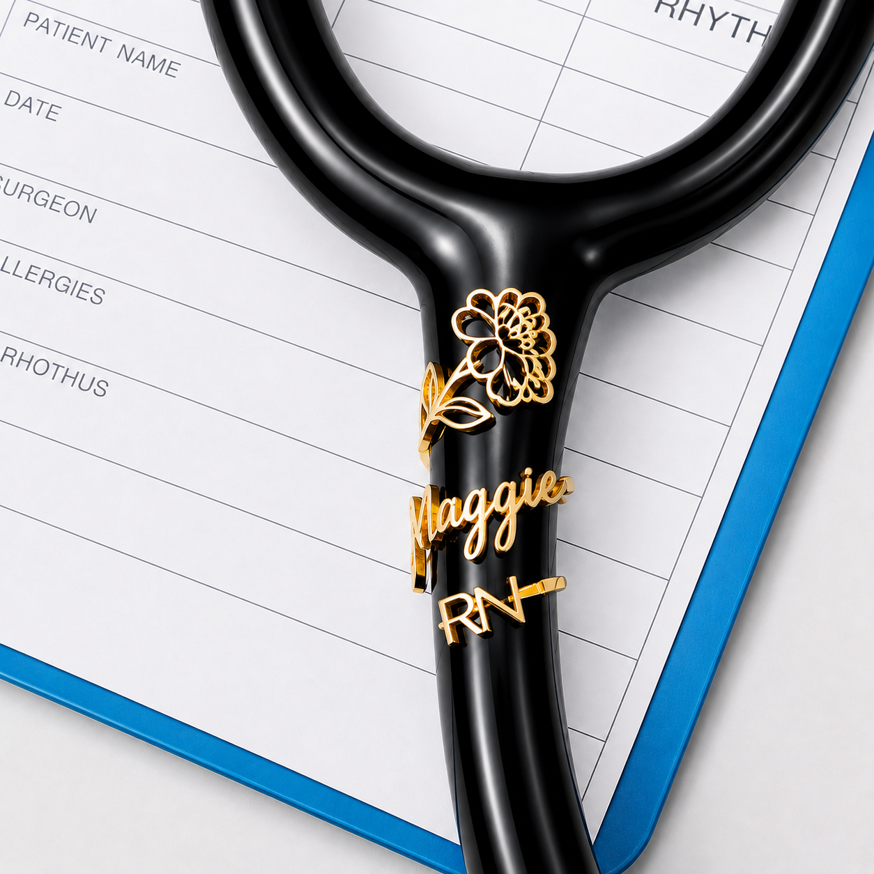 Personalized birth flower stethoscope name tag with Maggie RN in gold