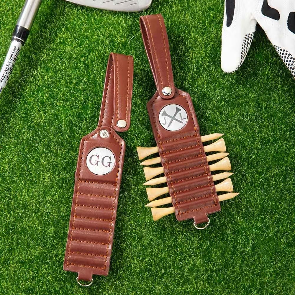 Custom engraved brown leather golf tee holder with wooden tees