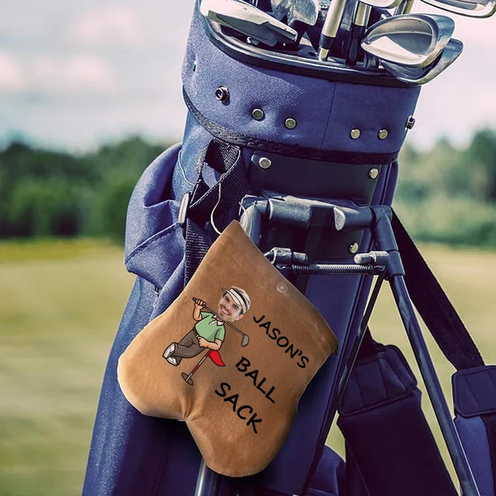 Personalized golf ball sack with hook attached to golf bag