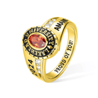 Gold 2024 university class ring with red stone and 'Proud of You!' engraving.