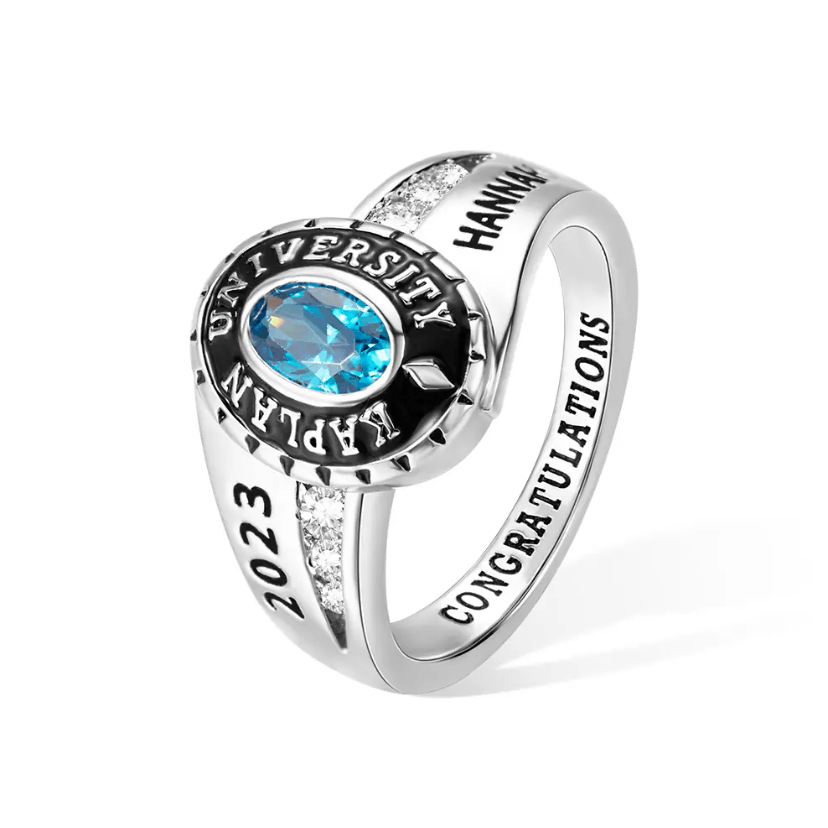 Personalized 2023 sterling silver class ring with a blue stone and 'Congratulations' engraving.