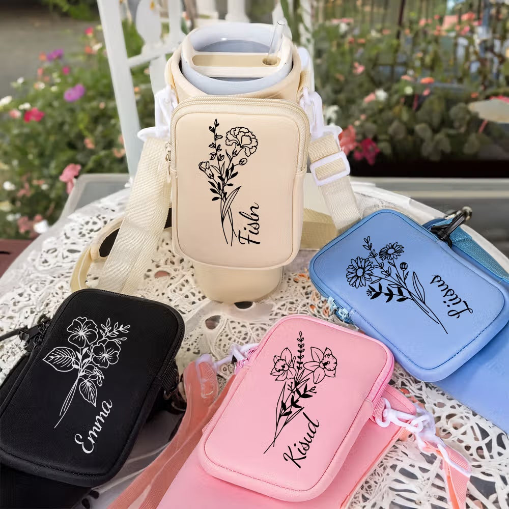 Personalized tumbler carrier bags in pink, blue, black and cream color options