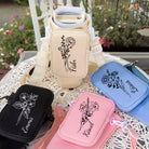 Personalized tumbler carrier bags in pink, blue, black and cream color options
