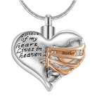 A heart-shaped pendant with the inscription "A piece of my heart lives in heaven," featuring a gold ribbon with the word "Brother."