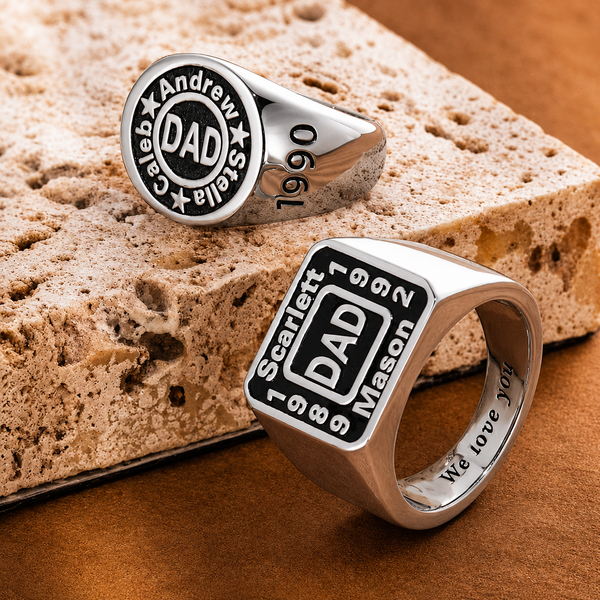 Personalized dad rings with engraved names and years, custom jewelry gift for Father's Day or birthdays