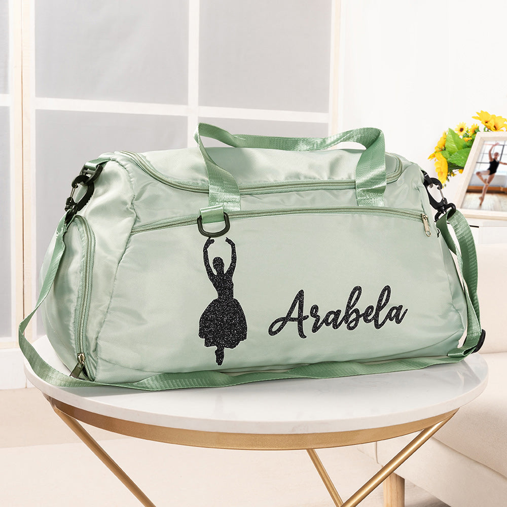 Mint green personalized dance duffle bag with ballerina design and name Arabella
