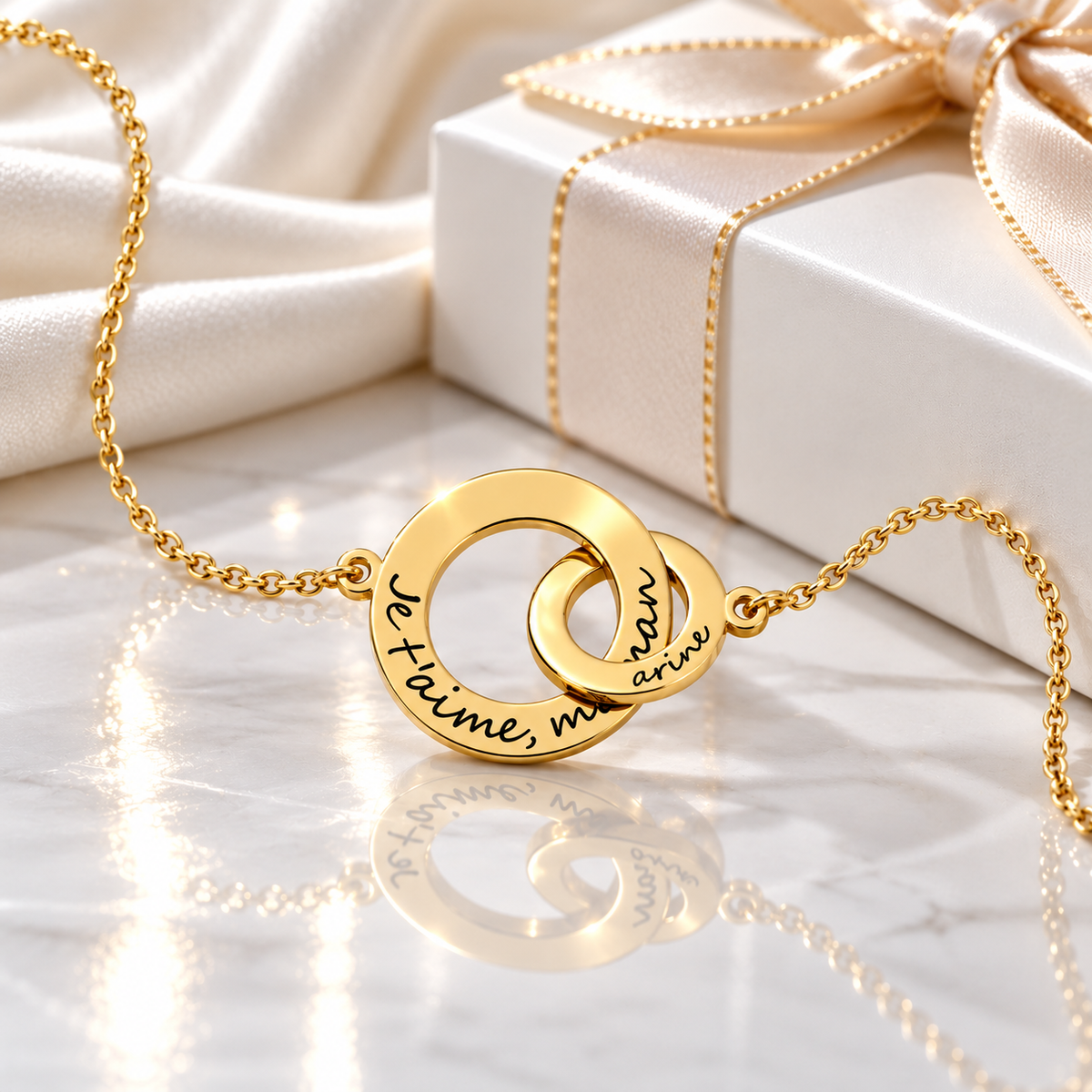 Gold engraved double circle necklace with gift box