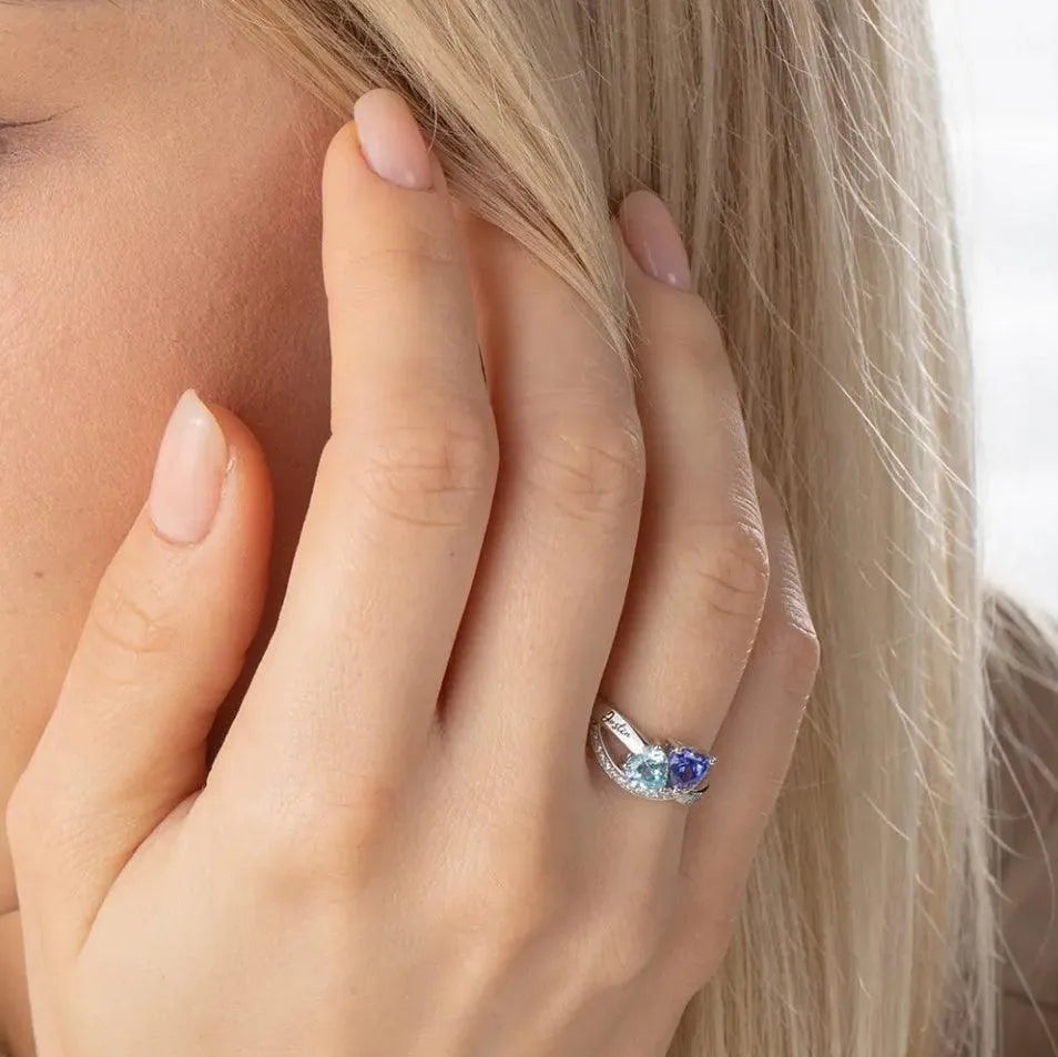 Personalized Double Heart Birthstone Ring with Custom Engraving - Unique Birthstone Jewelry for Women - Belbren