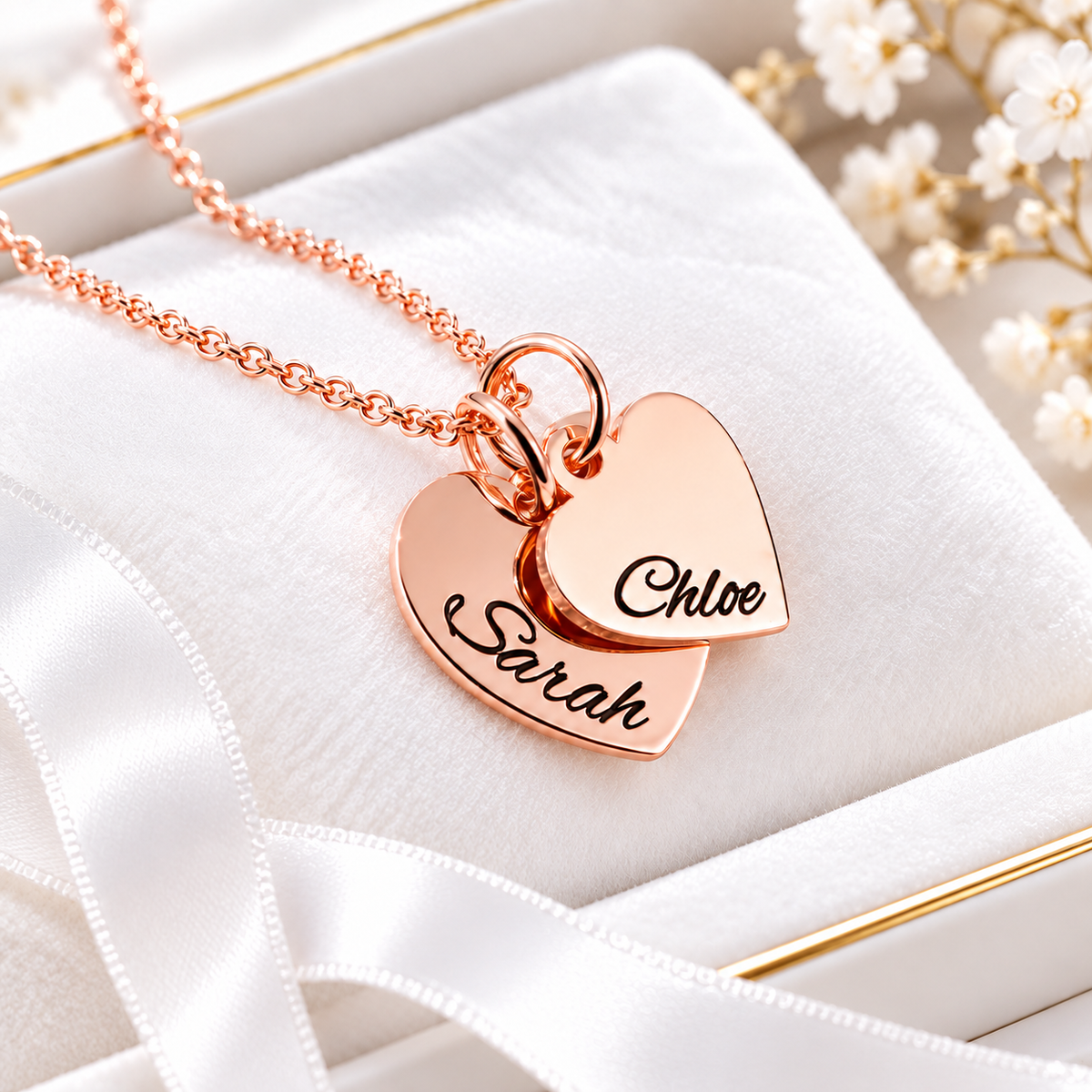 Personalized rose gold two name heart necklace in gift box