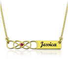 Personalized Double Infinity Knot Necklace with Birthstone in Gold, featuring the name "Jessica" engraved on a rectangular pendant.