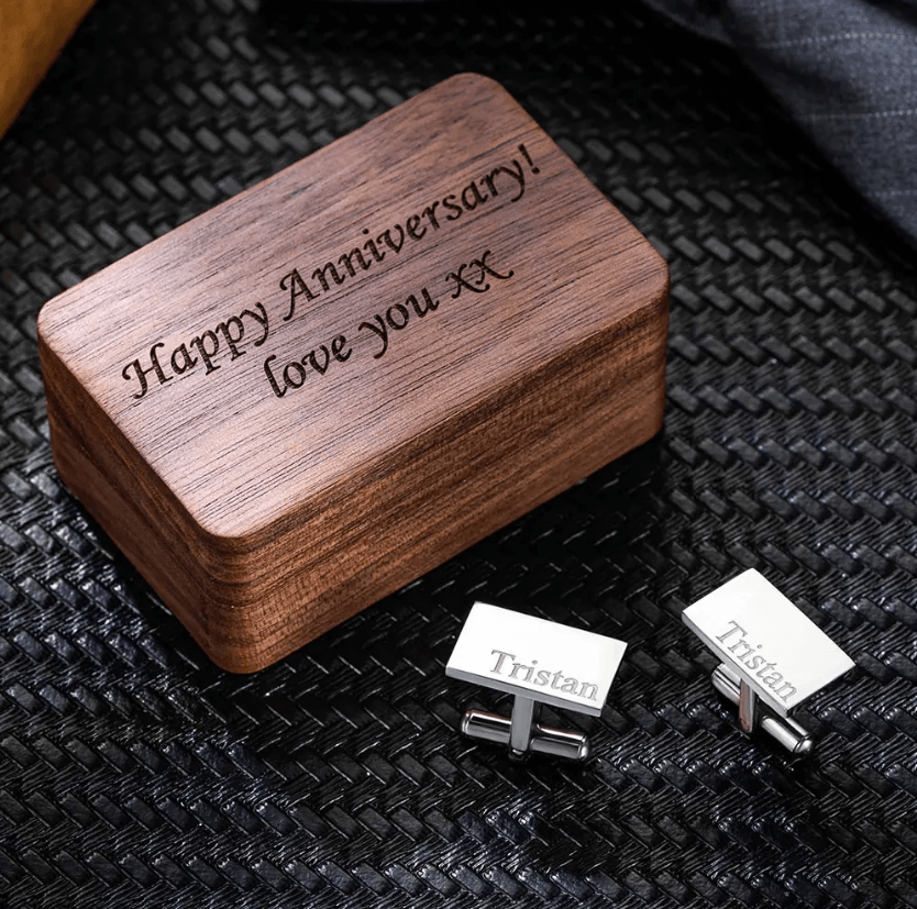 Personalized Engraved Cufflinks in Silver or Steel with Custom Wooden Gift Box - Perfect for Anniversaries, Weddings, and Special Occasions - Belbren