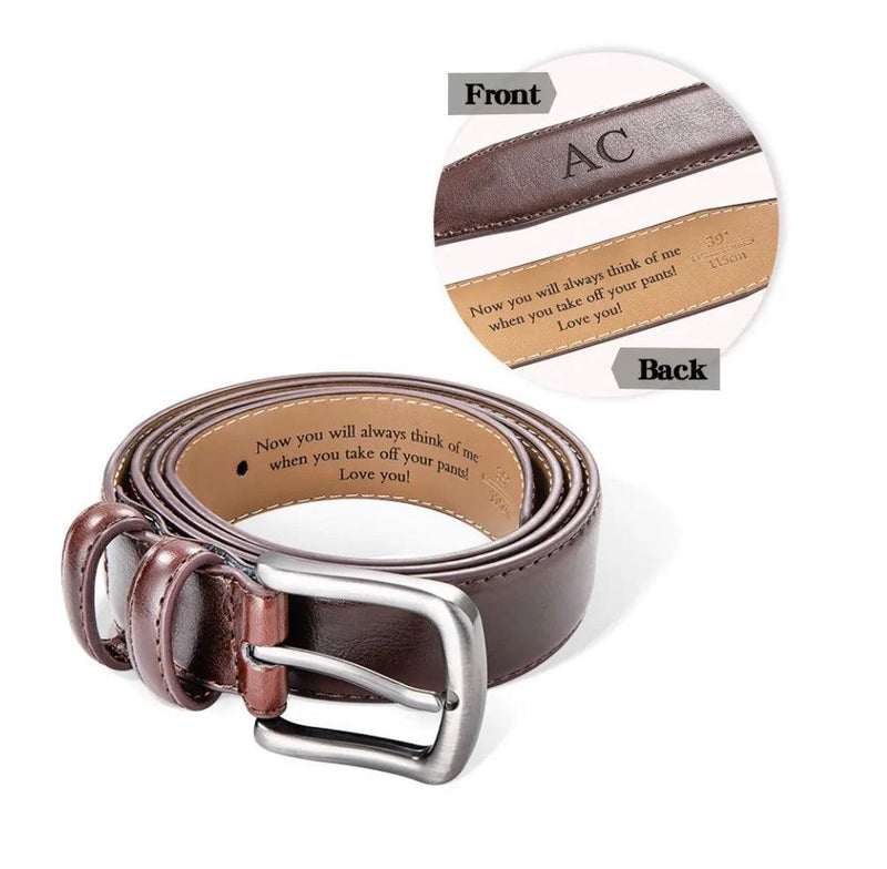 Coiled brown leather belt with silver buckle, personalized with initials 'AC' on the front and a hidden message inside saying 'Now you will always think of me when you take off your pants! Love you!