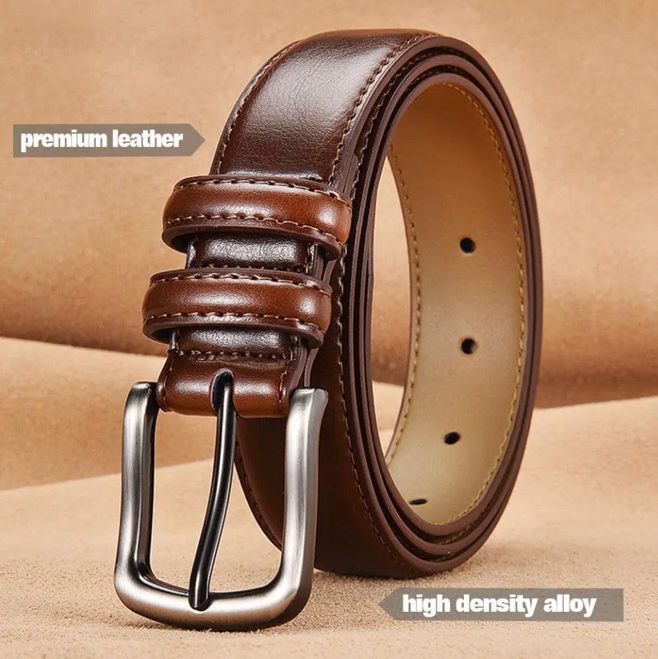 Rolled-up brown leather belt with a stitched edge and a shiny, high-density alloy buckle, highlighted as 'premium leather'.