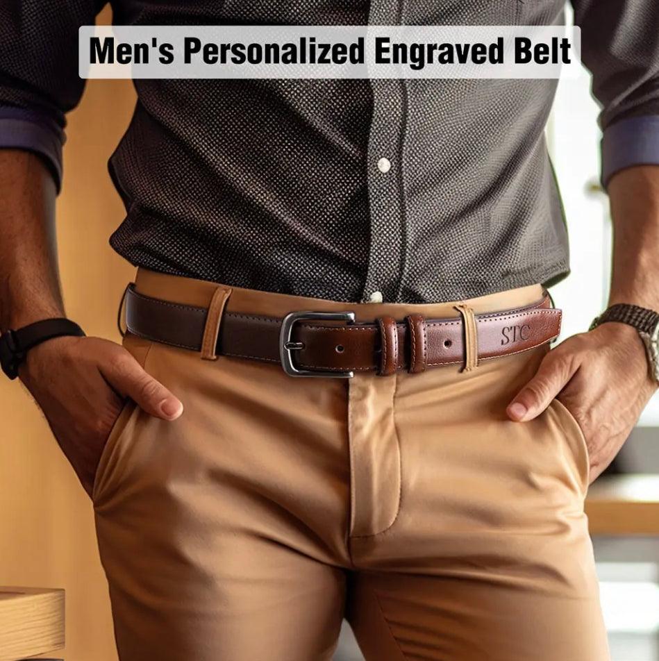 Man wearing a brown personalized engraved leather belt with 'STC' initials, paired with khaki trousers and a dotted shirt.