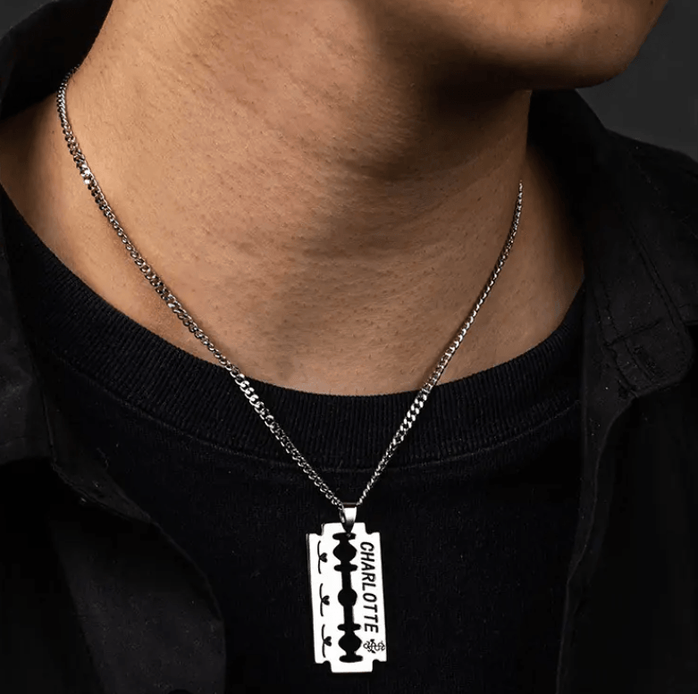 Personalized Engraved Razor Blade Necklace - Custom Name & Date Pendant, Men's Hip-Hop Style Jewelry, Ideal for Birthday, Anniversary, Father's Day Gift - Belbren