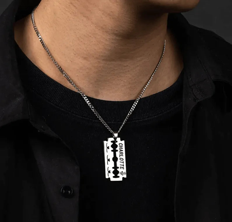 Personalized Engraved Razor Blade Necklace Custom Name Date