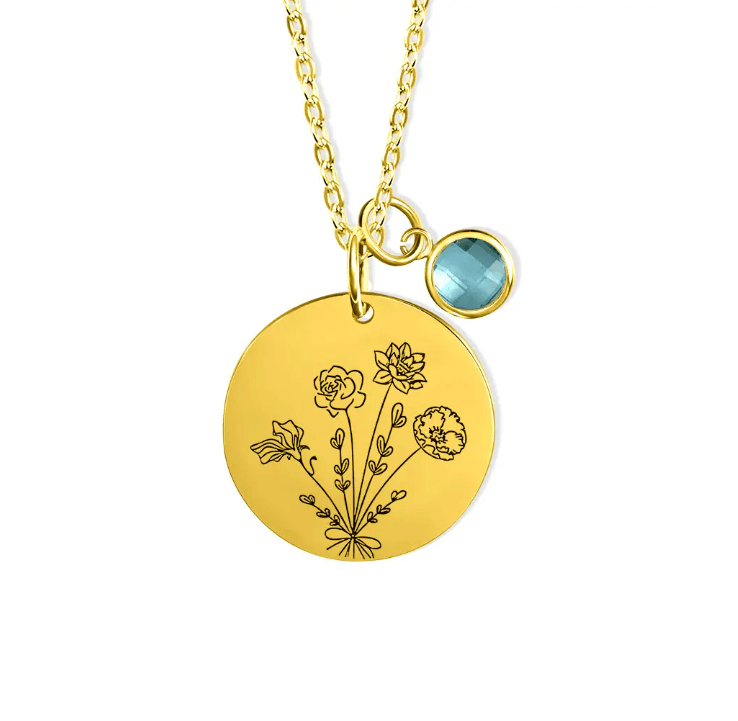 Personalized Family Birth Flower Bouquet Necklace - Custom Engraved Birth Month Flowers & Birthstones - Ideal Mother's Day Gift for Mom - Belbren