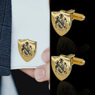 Gold shield cufflinks with Harvey family crest, personalized custom gift for men