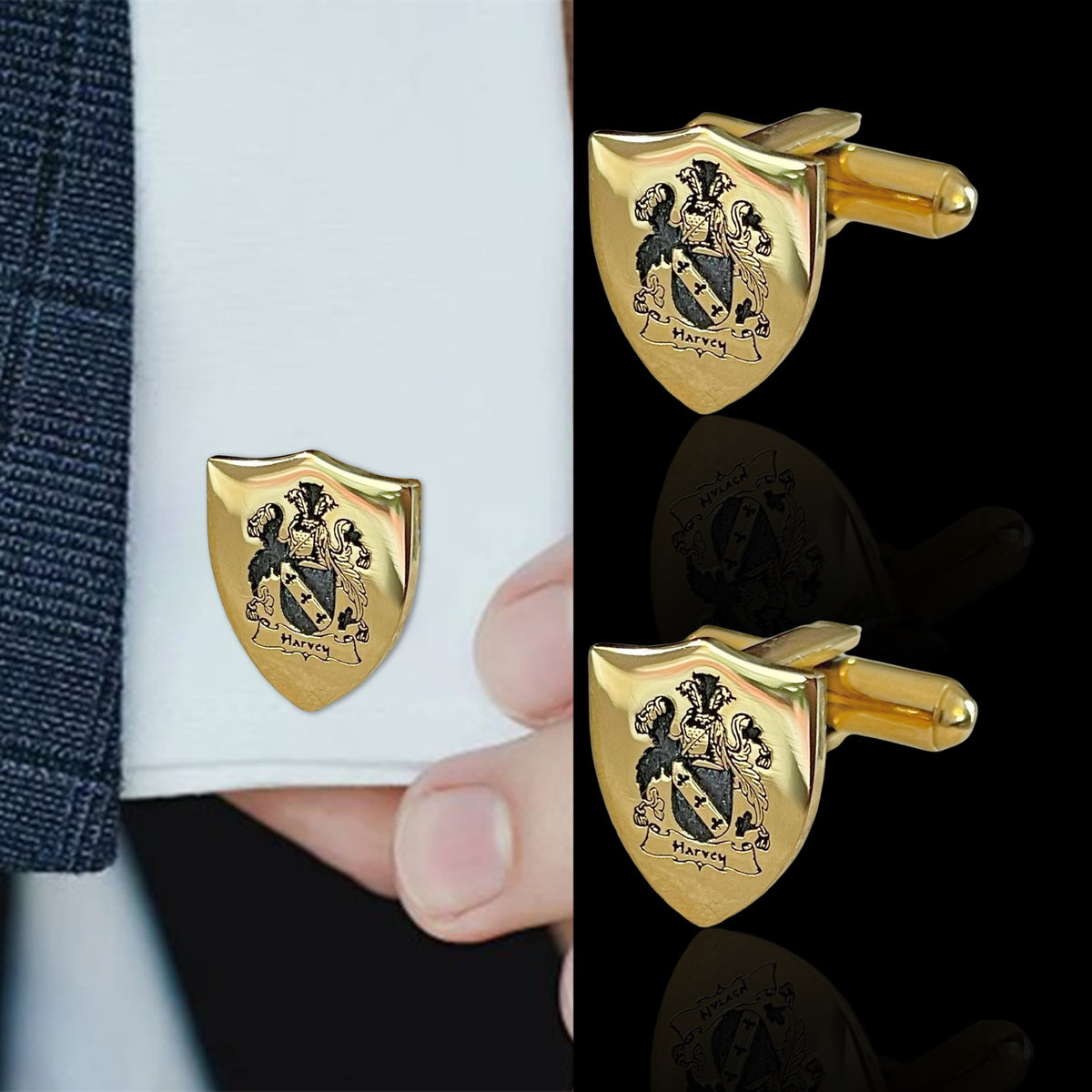 Gold shield cufflinks with Harvey family crest, personalized custom gift for men