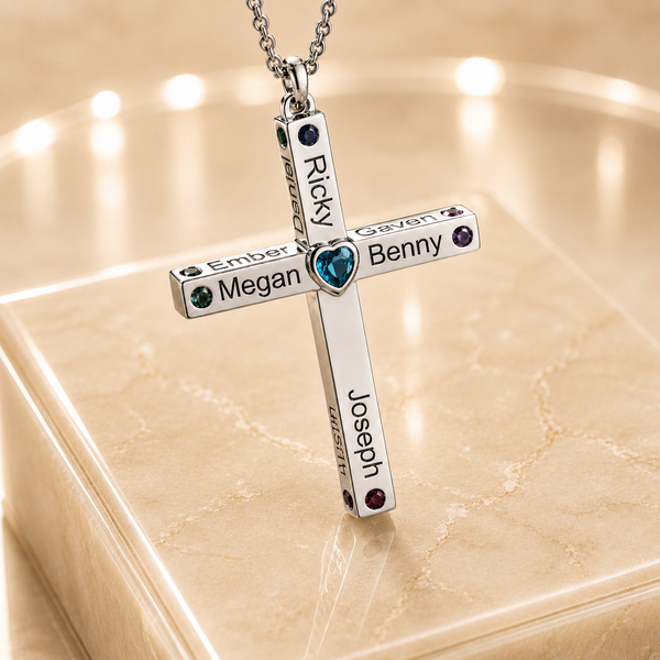 Personalized Cross Necklace for Mom with Names & Birthstones