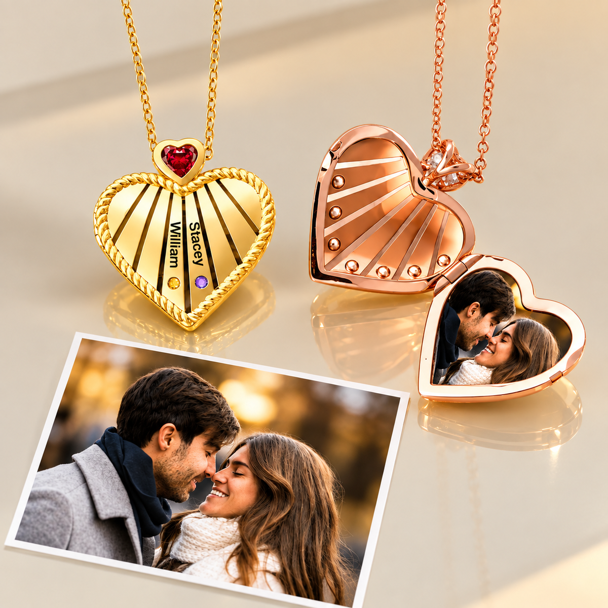 Personalized heart photo locket necklaces with family names and birthstones